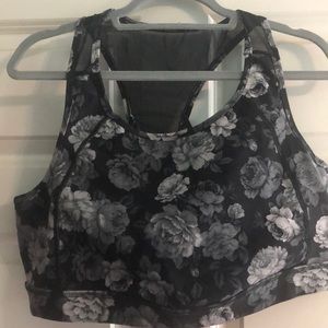 Torrid black and grey floral sports bra.